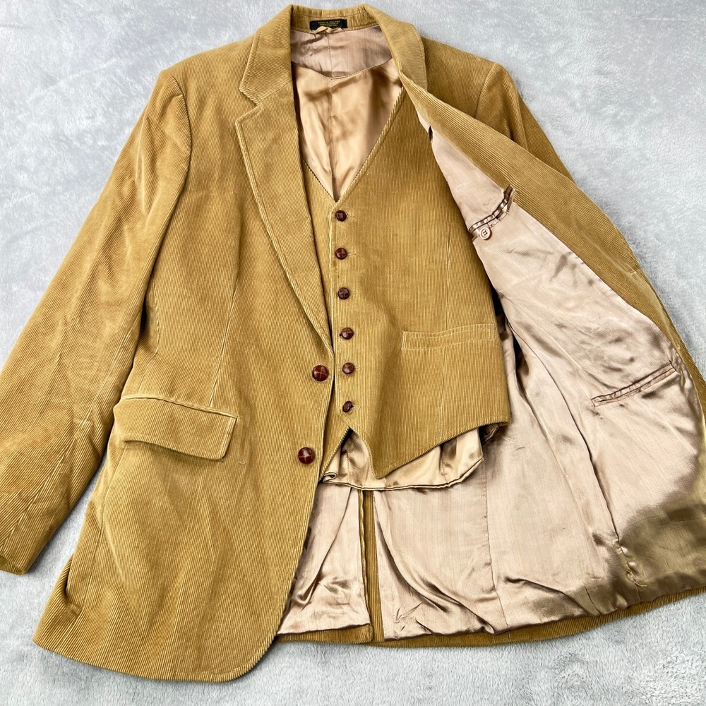 Gentry Vintage Corduroy Blazer Vest Set 40 Tan Men Academic Retro Boho 70s